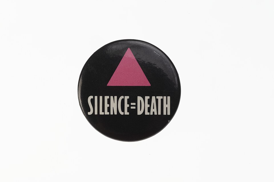 ACT UP Graphics — SILENCE=DEATH badge — Wikimedia Commons / Public domain