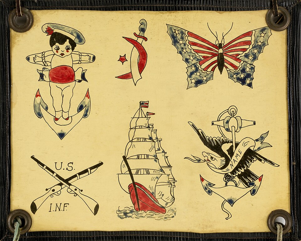 American Traditional Tattoo — Tattoo flash (anchor, sailing ship, eagle), 20th century, Smithsonian American Art Museum — Wikimedia Commons / CC0
