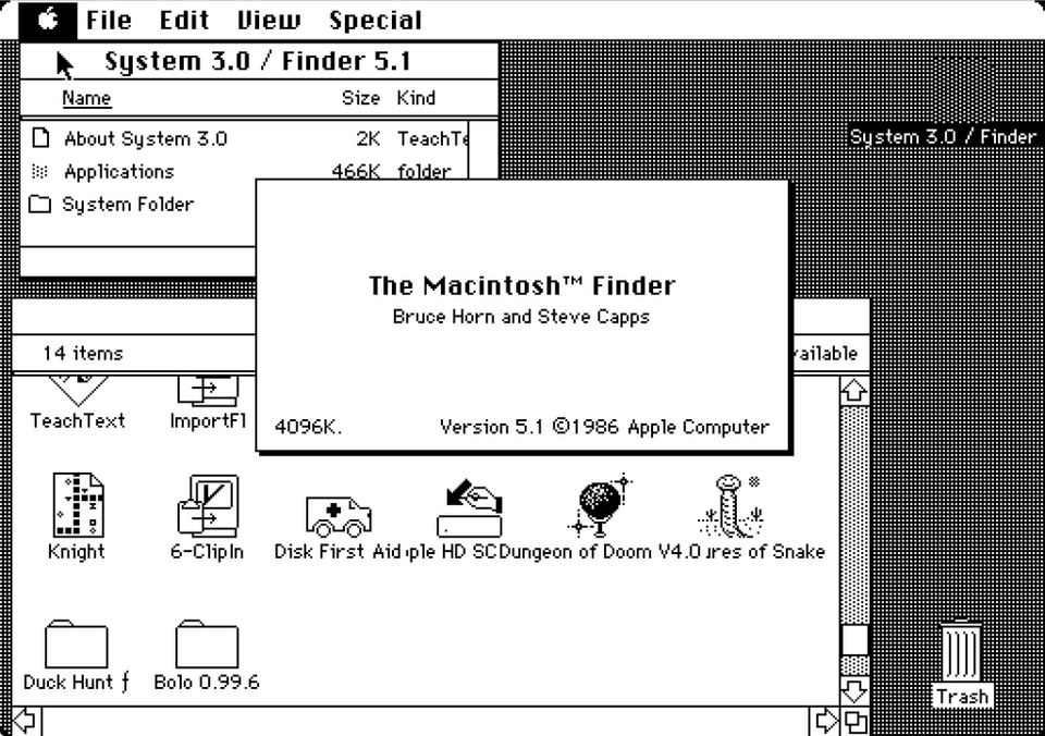 Apple Desktop Interface — Macintosh System 3 screen, 1986 — Wikimedia Commons / CC0