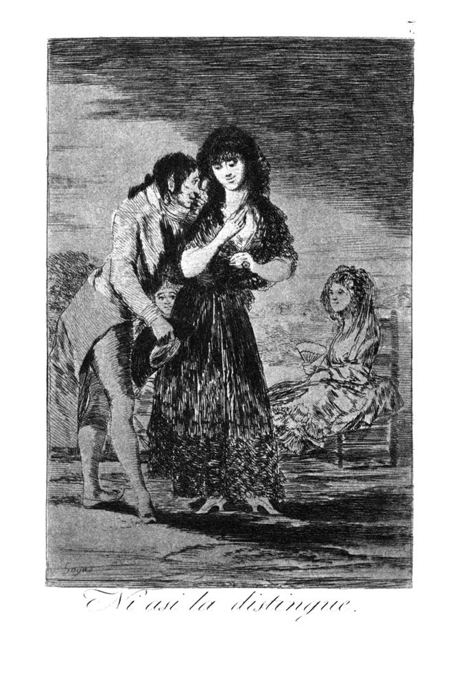 Aquatint — Francisco de Goya, Los Caprichos, plate 7, Ni así la distingue, 1799 — etching and aquatint — Wikimedia Commons / Public domain