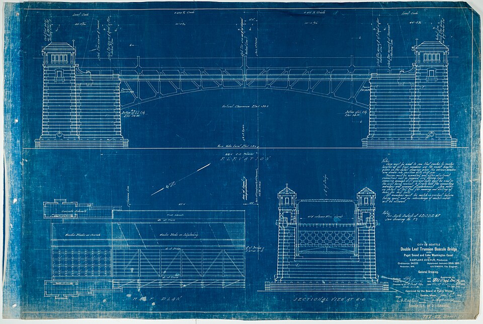 Blueprint — Blueprint of the University Bridge, 1915, Seattle — Wikimedia Commons / CC BY 2.0 · © Seattle Municipal Archives from Seattle, WA