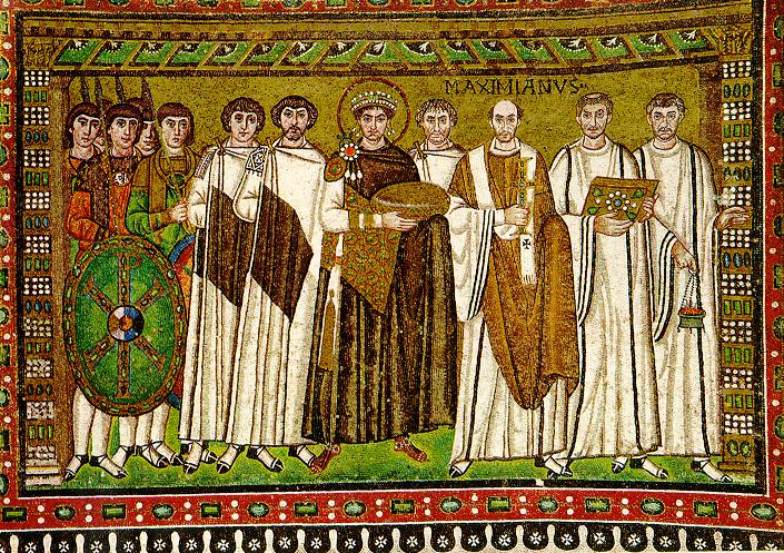 Byzantine Art — サン・ヴィターレ聖堂 ユスティニアヌス帝モザイク — Wikimedia Commons / Public domain