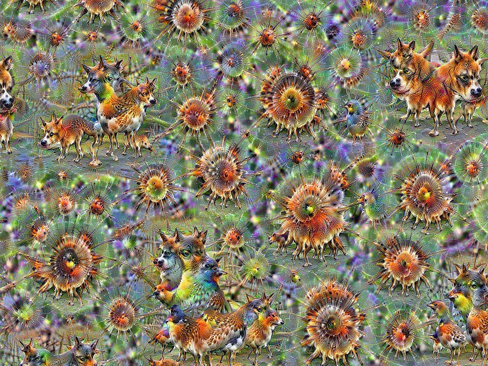 DeepDream — DeepDream applied to white noise, published algorithm-generated example — Martin Thoma, 2016 — MartinThoma — Wikimedia Commons / CC0