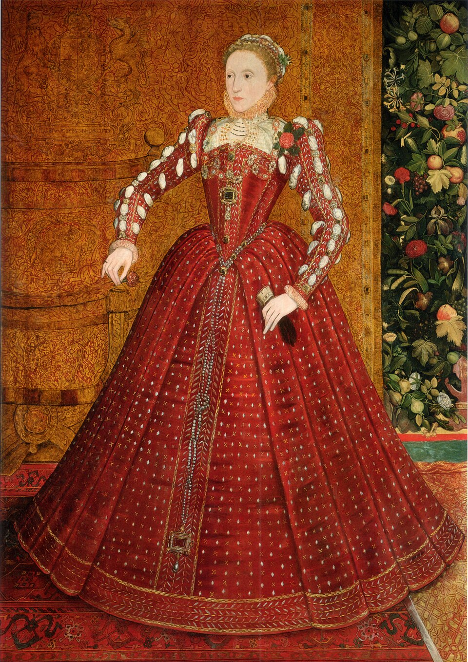 Spanish Farthingale Silhouette — Elizabeth I, 16th-century portrait, attributed to George Gower (formerly attributed to Steven van der Meulen) — historical dress example — Wikimedia Commons / Public domain