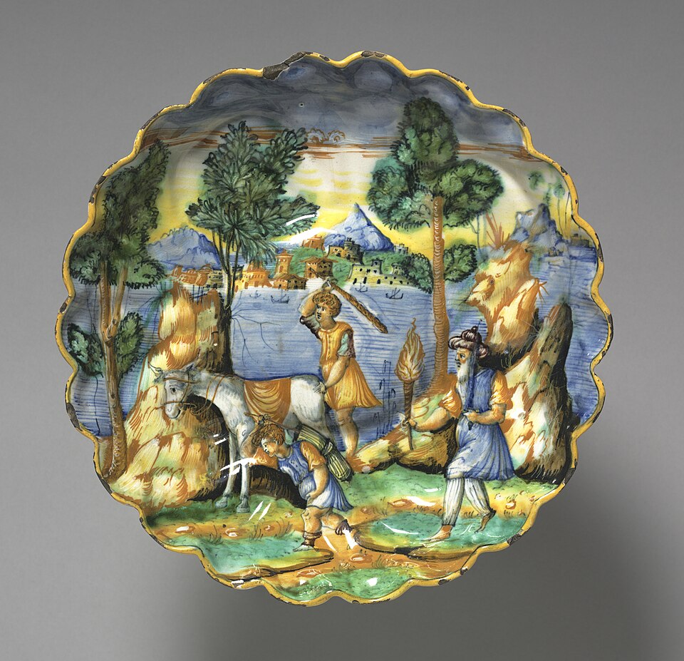 Istoriato — Urbino workshop, footed dish with Abraham and Isaac, 16th century — Wikimedia Commons / CC0