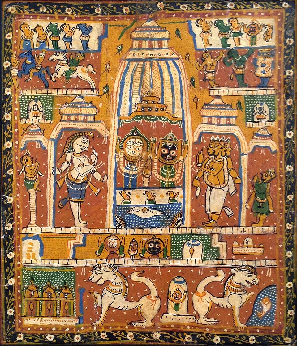 Odisha Pattachitra — Deities enshrined in the Jagannath Temple, 19th century — unknown artist / Wellcome Collection — Wikimedia Commons / Public domain