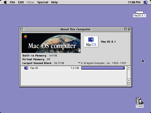 Platinum — Mac OS 8.1 desktop and "About This Mac" — Wikimedia Commons / CC0