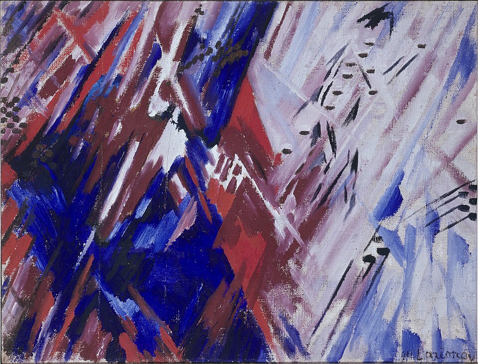 Rayonism — Mikhail Larionov, Rayonism, Red and Blue (Beach), 1911 — Wikimedia Commons / Public domain