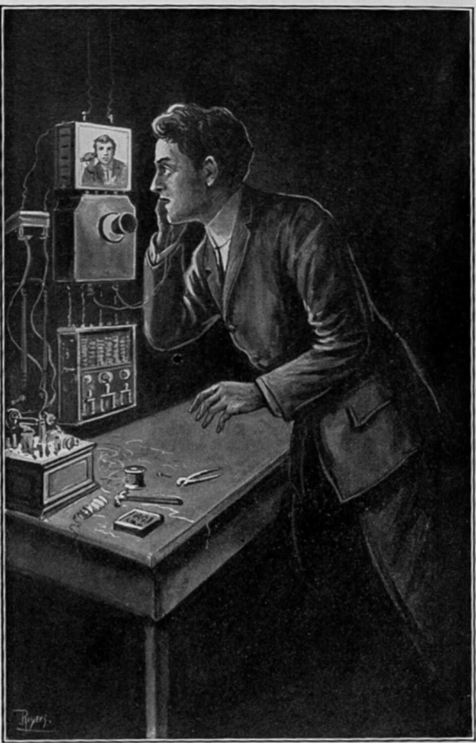 Retrofuturism — Tom Swift and His Photo Telephone, frontispiece, 1914 — historical imagined-future illustration — Stratemeyer Syndicate — Wikimedia Commons / Public domain