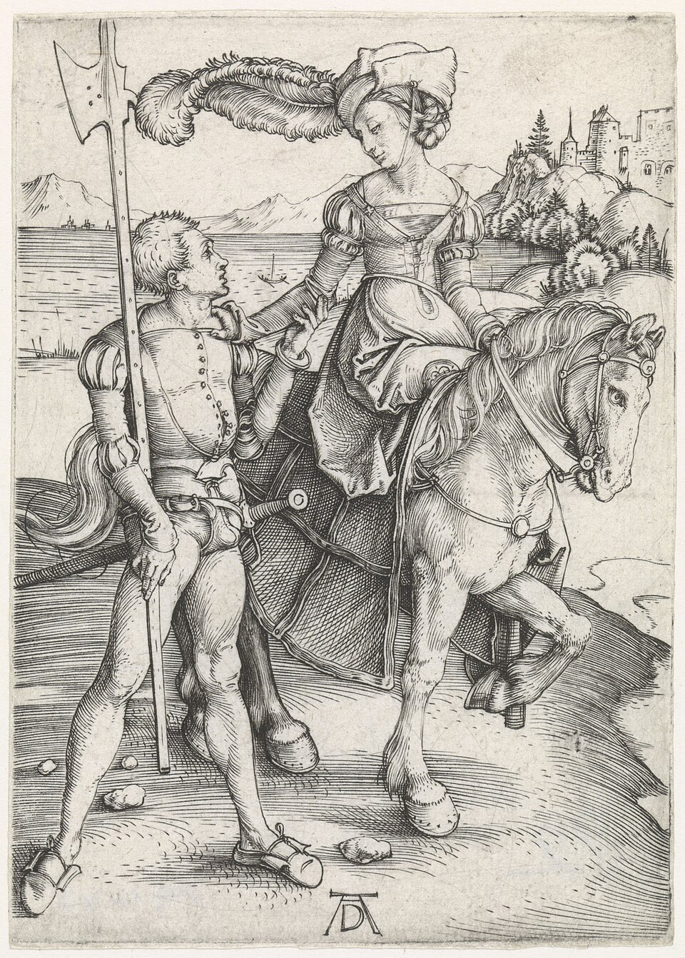 Slashing — Albrecht Dürer, Lady on Horseback and Lansquenet — Rijksmuseum, RP-P-OB-1247; historical slashed dress example — Wikimedia Commons / CC0
