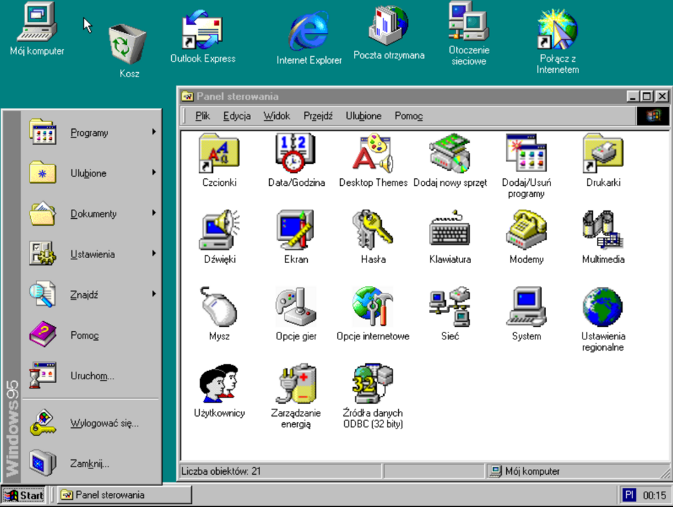 Windows 95 Interface — Polish edition of Windows 95, desktop and Start menu — Wikimedia Commons / CC0