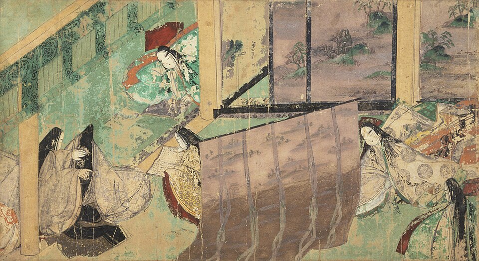 Yamato-e — Unidentified artist, The Tale of Genji Illustrated Scroll, Azumaya, 12th century — Tokugawa Art Museum — Wikimedia Commons / Public domain