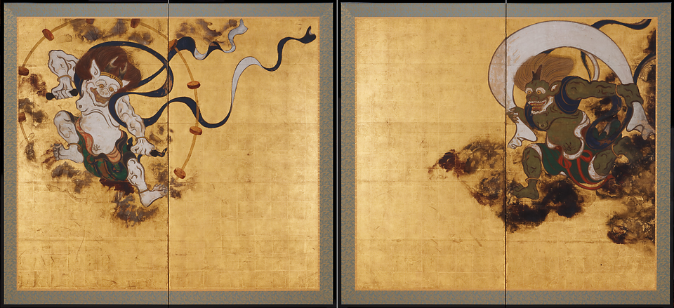Rinpa — Tawaraya Sōtatsu, Fūjin Raijin-zu byōbu (Wind and Thunder Gods), 17th century — Wikimedia Commons / Public domain