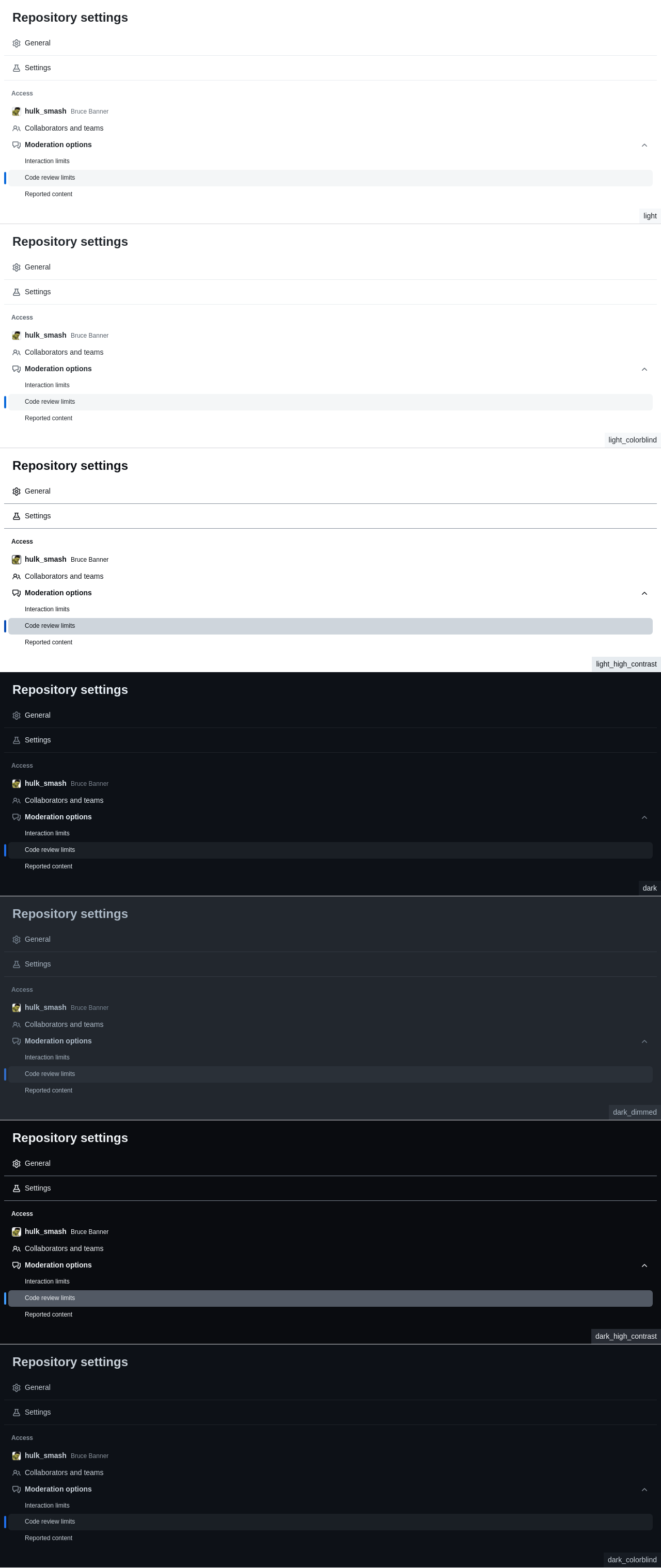 GitHub Primer — GitHub Primer ViewComponents — official navigation-list snapshots across appearance modes — Copyright (c) 2020 GitHub / MIT